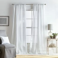 Cheap 🧨 Martha Stewart Hampton Stripe Sheer Rod Pocket Single Curtain Panel Grey 😀