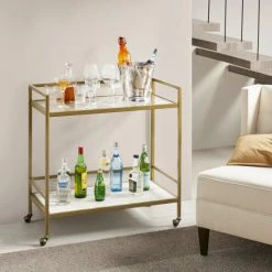Coupon 🥰 Martha Stewart Lionel Antique Gold Two Tier Bar Cart On Wheels 🌟
