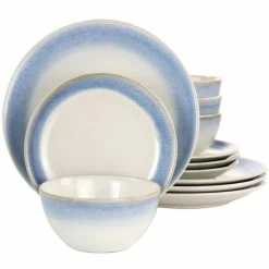 Buy 🥰 Martha Stewart 12 Piece Reactive Glaze Rimmed Stoneware Dinnerware Set In Blue - 12 Piece 🎉