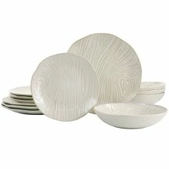 Budget 🎉 Martha Stewart Wood Grain 12pc Stoneware Dinnerware Set In Off-White 👍