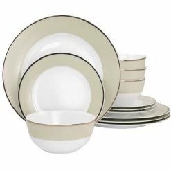 Brand new 🎉 Martha Stewart Gold Rimmed 12pc Fine Ceramic Dinnerware Set In Beige 👏