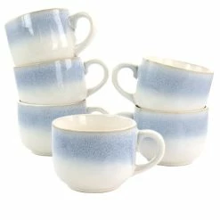 Coupon ⭐ Martha Stewart Blue Rim 6 Piece 24oz Stoneware Latte Mug Set In Blue - White/Blue 🤩