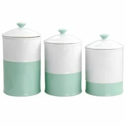 Budget ⭐ Martha Stewart Stoneware Canister And Lid 3 Pc Set In Mint And White - 3 Pc 🌟