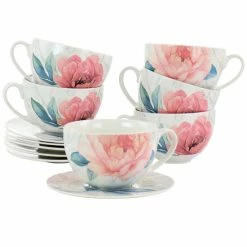 Deals 🥰 Martha Stewart 12 Piece Ceramic Flora 18oz Cup And Saucer Set In White ❤️