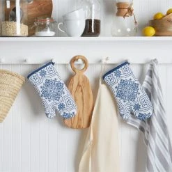 Flash Sale 💯 Martha Stewart Stripe Medallion Oven Mitt Set, Blue, 2 Piece - 7"x13" ✔️