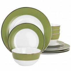 Best Pirce 🔔 Martha Stewart Gold Rimmed 12pc Fine Ceramic Dinnerware Set In Green 🔔
