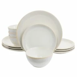 Hot Sale 🔥 Martha Stewart Martha Steware 12 Piece Round Stoneware Dinnerware Set With Taupe Rim - 12 Piece ❤️
